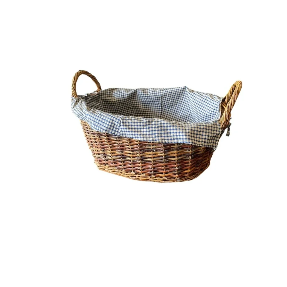 Vintage Wicker‎ Basket w/ Blue Gingham Liner Farmhouse Country Decor